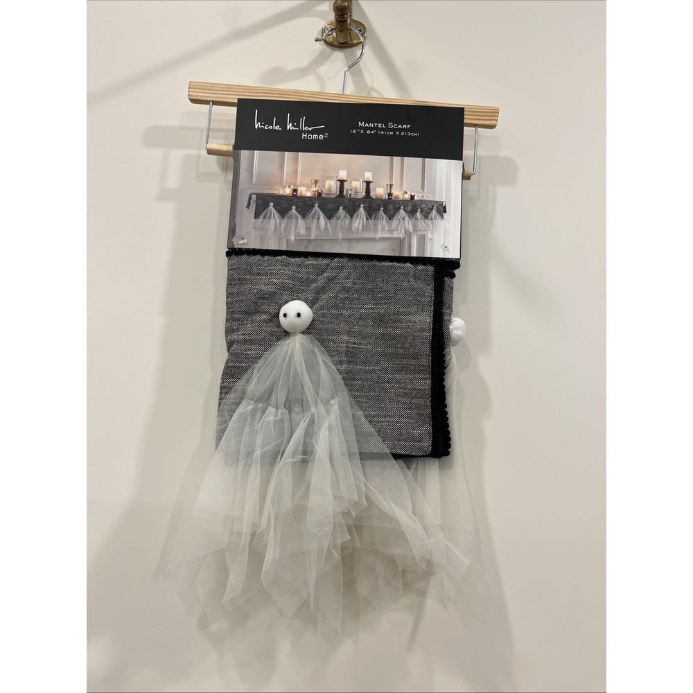 Nicole Miller Home Mantle Scarf 16x84"‎ HALLOWEEN Ghosts Black Cream Tulle NEW